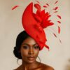 Adinkra Flame Red Sculpted Fascinator: Feathered Statement Hat for Weddings
