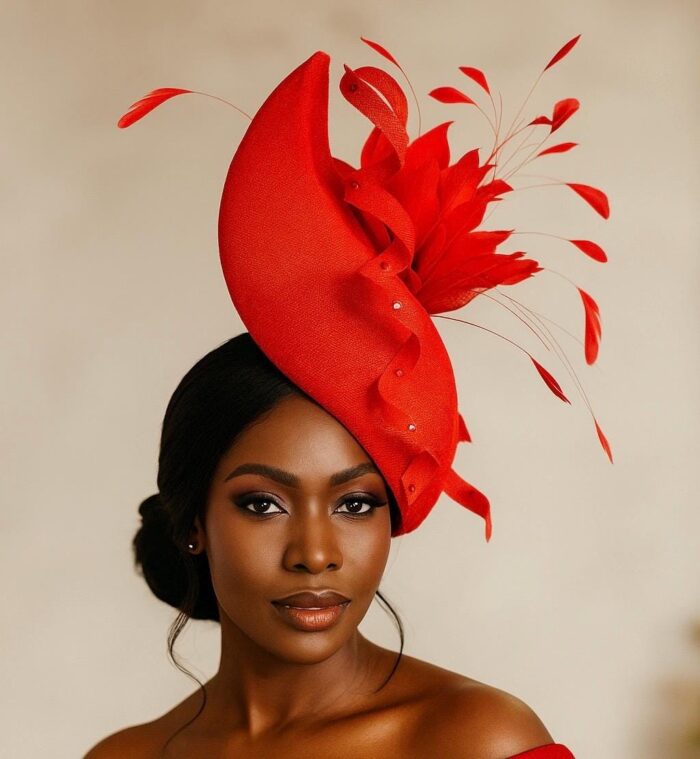 Adinkra Flame Red Sculpted Fascinator: Feathered Statement Hat for Weddings
