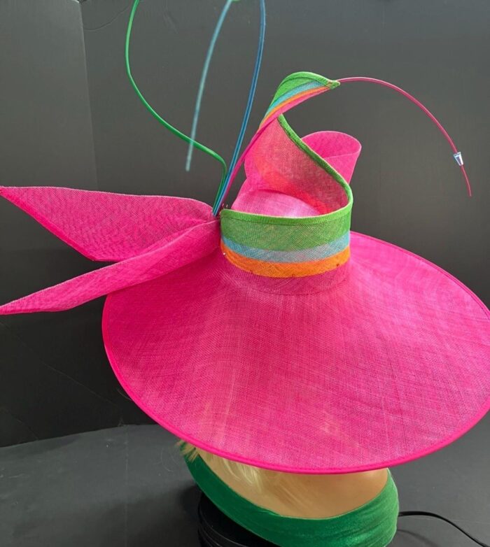 Oversized Fuchsia Hatinator: Rainbow Bow & Beaded Quills - Derby/Ascot.  "Viva Spectrum"