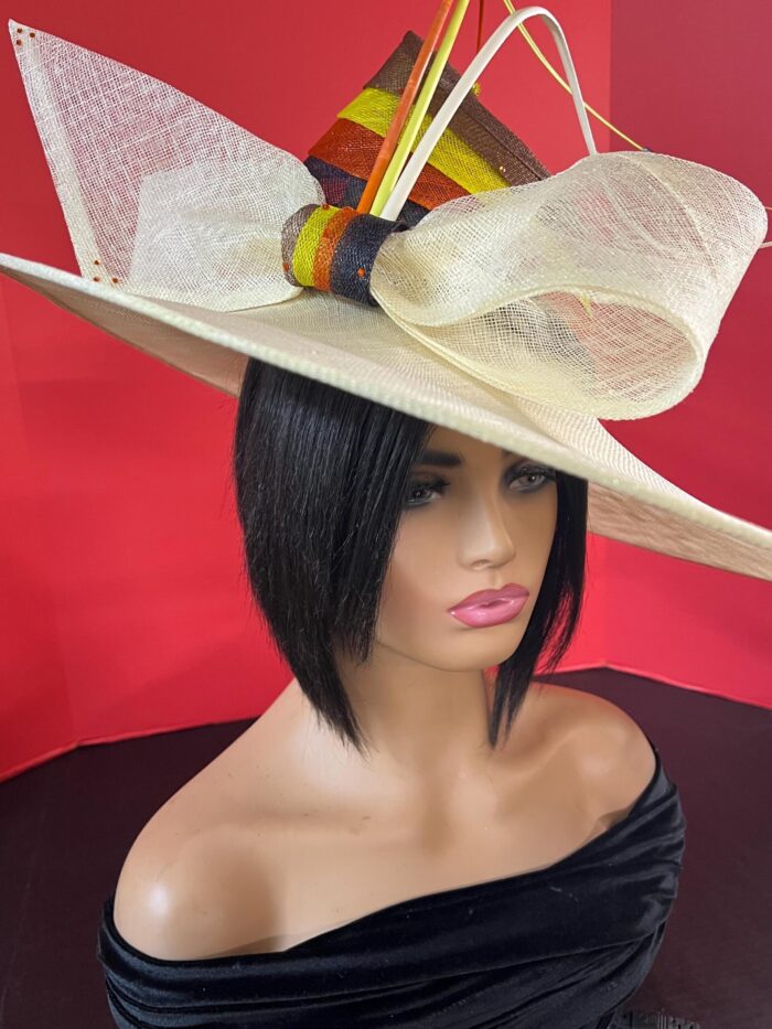Oversized Fuchsia Hatinator: Rainbow Bow & Beaded Quills - Derby/Ascot.  "Viva Spectrum"