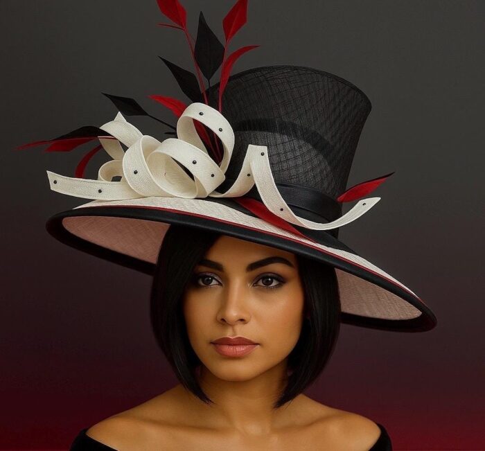 The Sovereign - Couture Double Crown Hat: Black, White Sinamay, Crystal & Feather Accents.