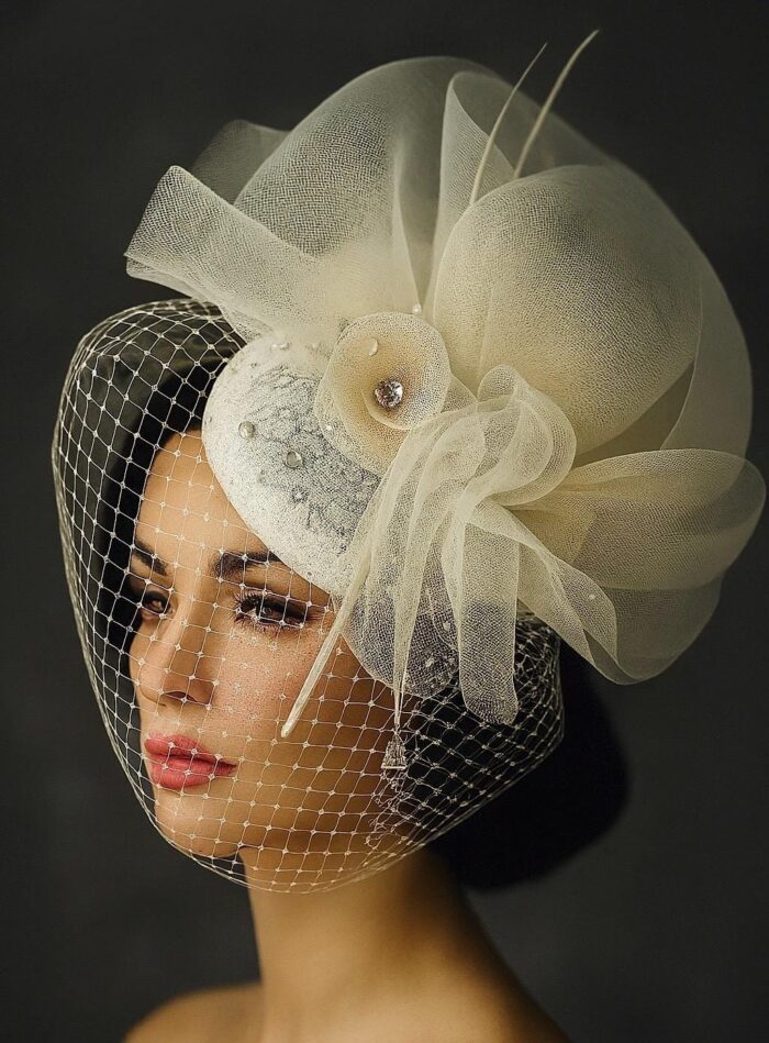 Ivory Bridal Fascinator: Vintage Lace, Pearls & Birdcage Veil - Amaris