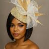 Rene - Gold Feather Fascinator: Swarovski Crystal & Crinoline Derby Hat