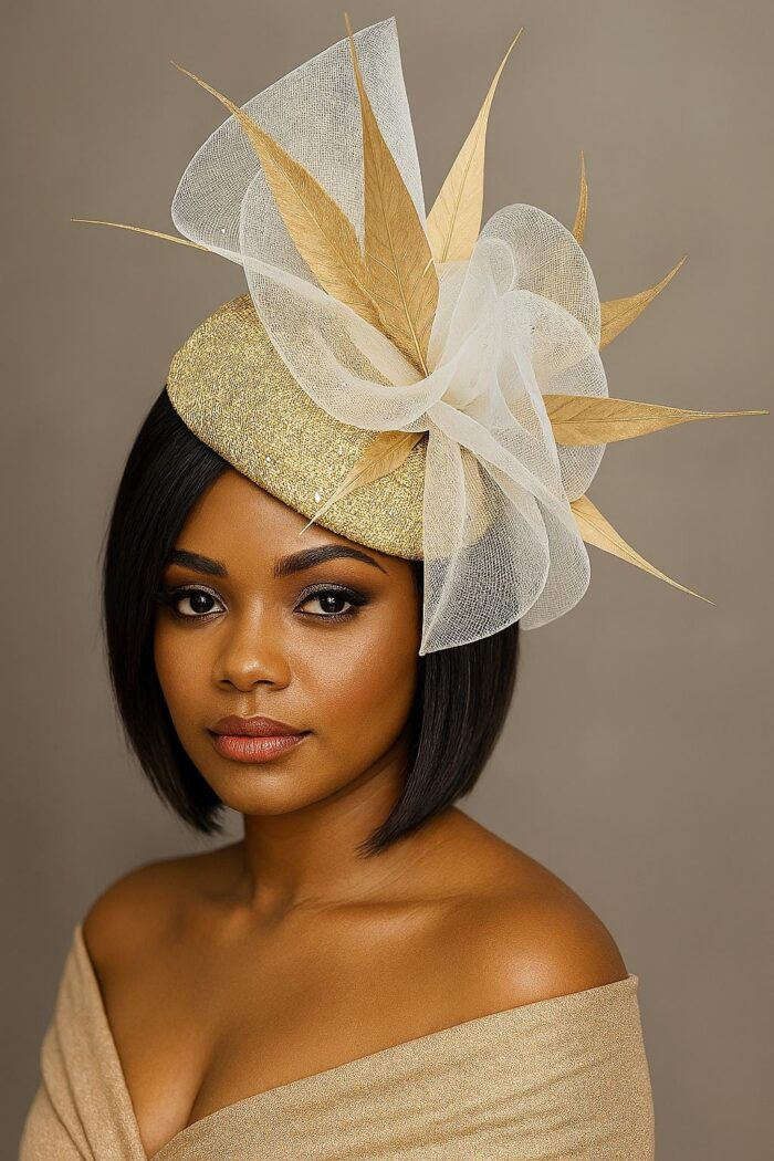 Rene - Gold Feather Fascinator: Swarovski Crystal & Crinoline Derby Hat