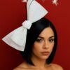Sandy - White Sinamay Double Bow Fascinator: Black Quills, Modern Derby Headpiece.