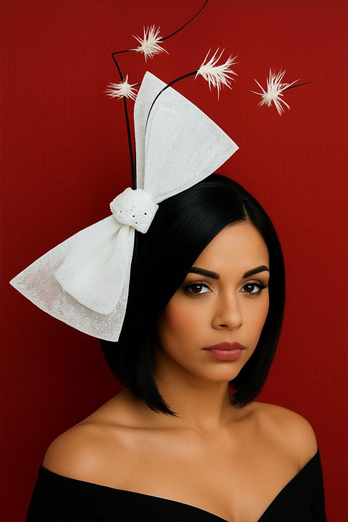 Sandy - White Sinamay Double Bow Fascinator: Black Quills, Modern Derby Headpiece.