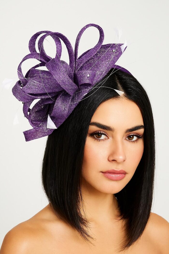 Purple Sinamay Fascinator: Looped Quills & Diamantés - Races, Wedding Headpiece.