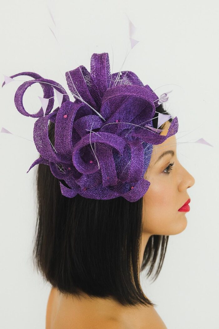 Purple Sinamay Fascinator: Looped Quills & Diamantés - Races, Wedding Headpiece.