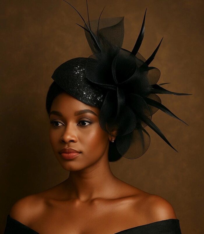 Noire Envy - Black Guipure Lace Fascinator: Sequined Feather Wedding Hat