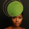 Aurora Orbit - Green Sinamay Percher Hat with Gold Wire Accents, Wedding Fascinator