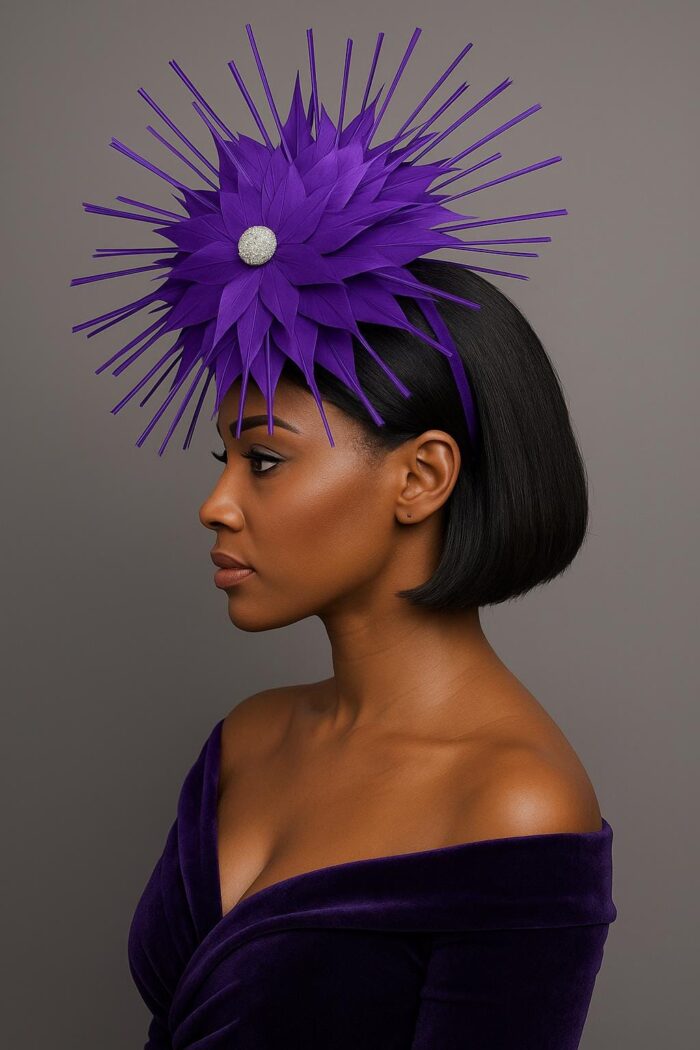Evelyn - Purple Feather Fascinator: Royal Wedding Percher Hat with Crystal.