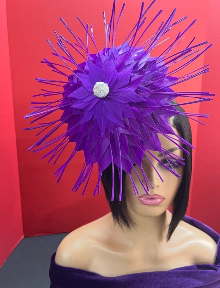Evelyn - Purple Feather Fascinator: Royal Wedding Percher Hat with Crystal.