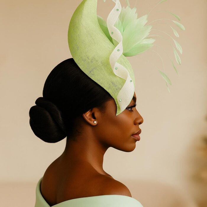 Adinkra Flame Mint. Green Feather Fascinator. Pearl & Crystal Derby Hat