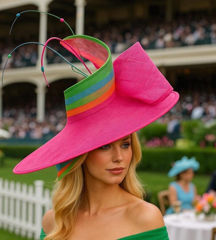 Oversized Fuchsia Hatinator: Rainbow Bow & Beaded Quills - Derby/Ascot.  "Viva Spectrum"