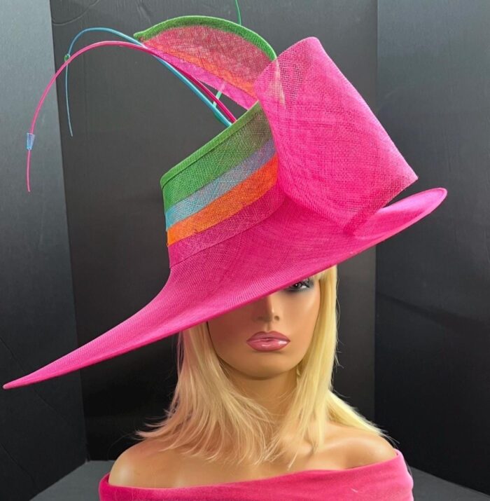 Oversized Fuchsia Hatinator: Rainbow Bow & Beaded Quills - Derby/Ascot.  "Viva Spectrum"