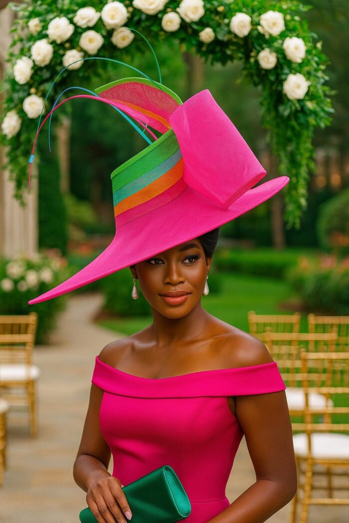 Oversized Fuchsia Hatinator: Rainbow Bow & Beaded Quills - Derby/Ascot.  "Viva Spectrum"