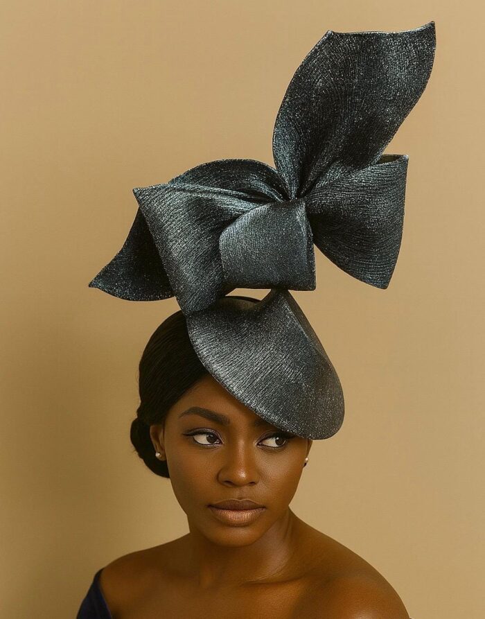 Davina - Navy & Silver Sculptural Bow Fascinator. Couture Sinamay Hat.