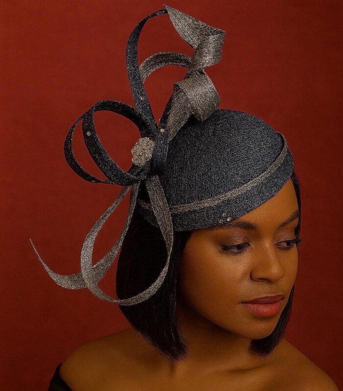 Celestine - Blue Sinamay Fascinator: Sculpted Swirls, Crystal Brooch - Derby Hat