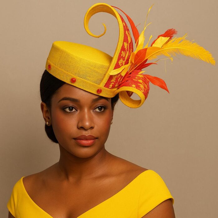 Ayanda - Yellow & Red Pillbox Hat: Kentucky Derby Royal Ascot Fascinator