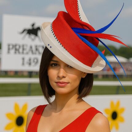 il_fullxfull.7137628451_ajy0.jpg Red & Blue Feather "Crimson Skyfire" Fascinator: Swarovski Crystal Derby Hat