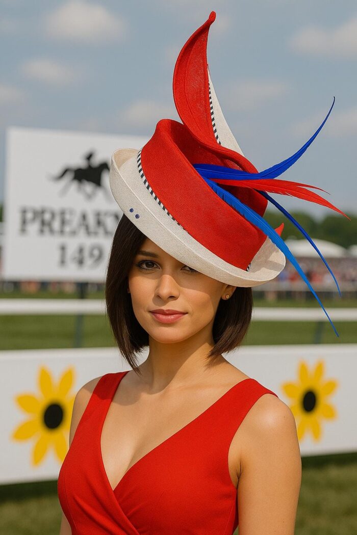 Red & Blue Feather "Crimson Skyfire" Fascinator: Swarovski Crystal Derby Hat