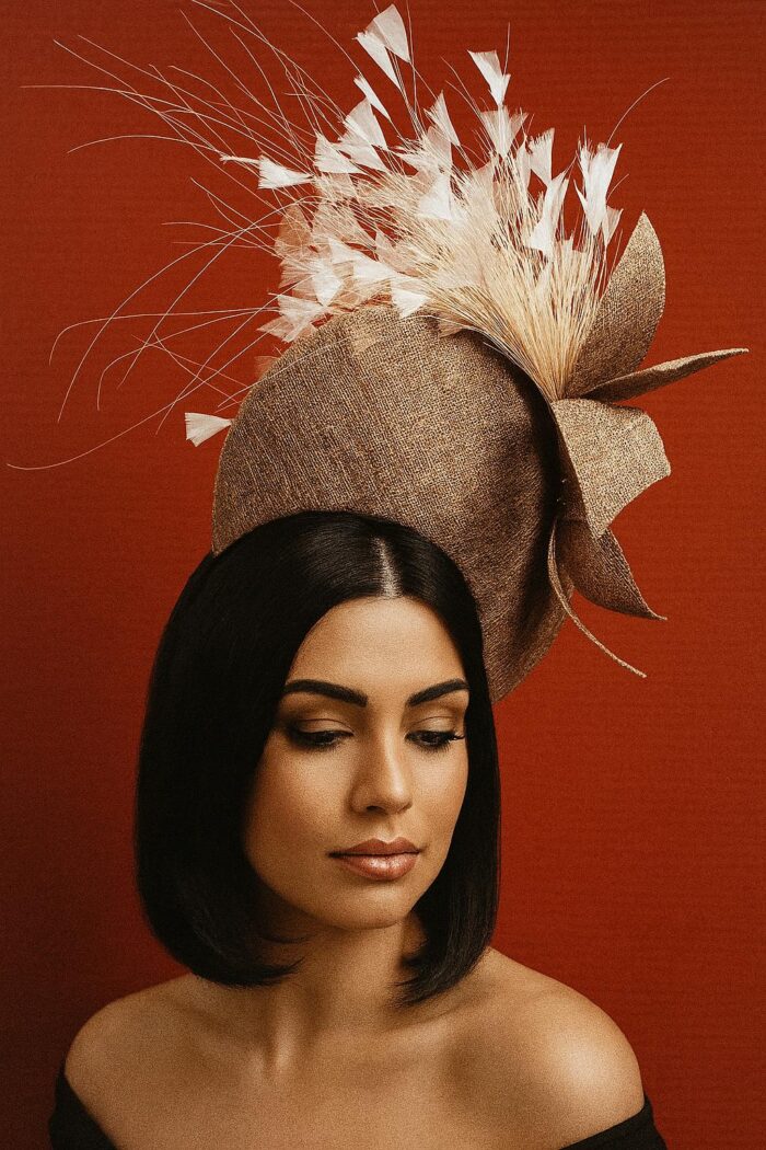 Tamara - Copper Halo Crown Fascinator: Ivory Feather Headpiece for Weddings