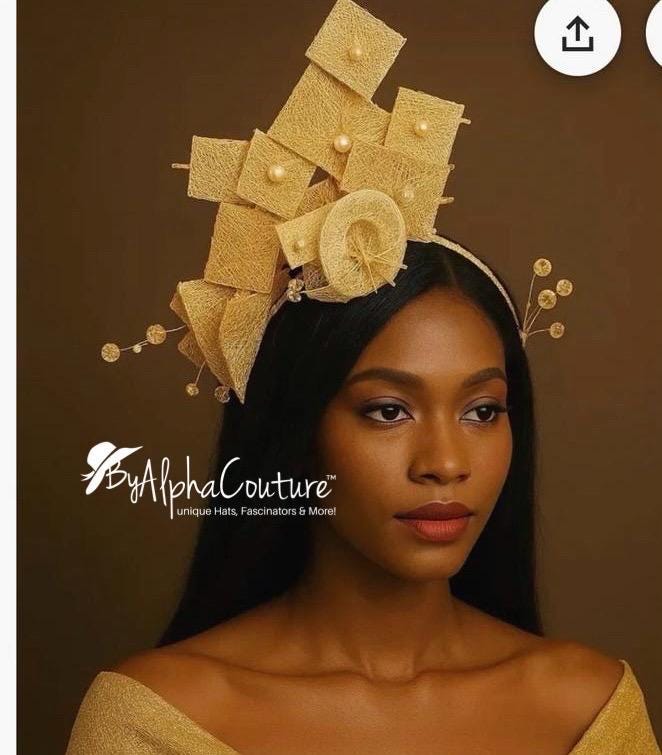Ariyike - Gold Fascinator with Pearls & Crystal Sprays. Handmade Church Wedding Headpiece.