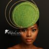 Aurora Orbit - Green Sinamay Percher Hat with Gold Wire Accents, Wedding Fascinator