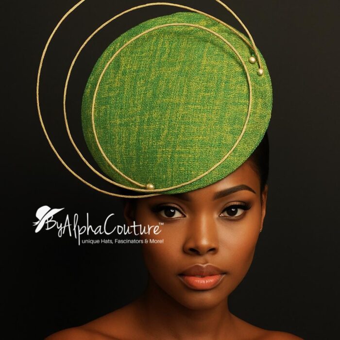 Aurora Orbit - Green Sinamay Percher Hat with Gold Wire Accents, Wedding Fascinator