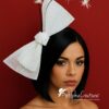 Sandy - White Sinamay Double Bow Fascinator: Black Quills, Modern Derby Headpiece.