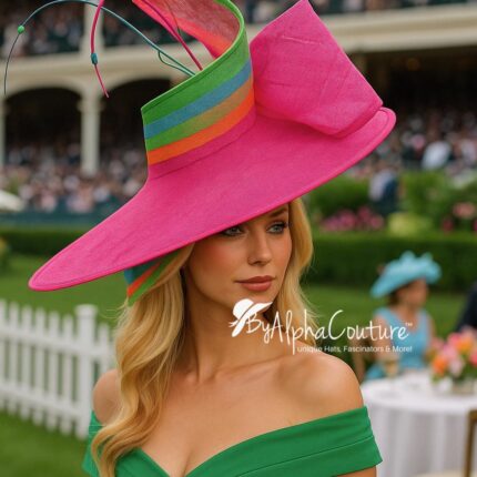 Oversized Fuchsia Hatinator: Rainbow Bow & Beaded Quills - Derby/Ascot.  "Viva Spectrum"
