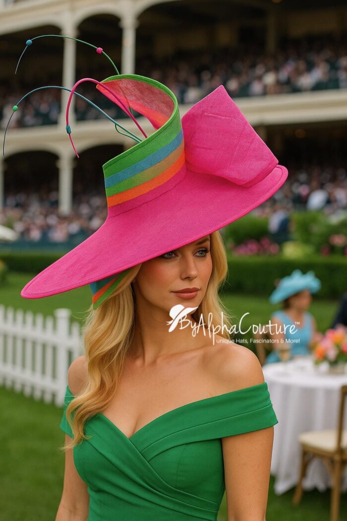 Oversized Fuchsia Hatinator: Rainbow Bow & Beaded Quills - Derby/Ascot.  "Viva Spectrum"