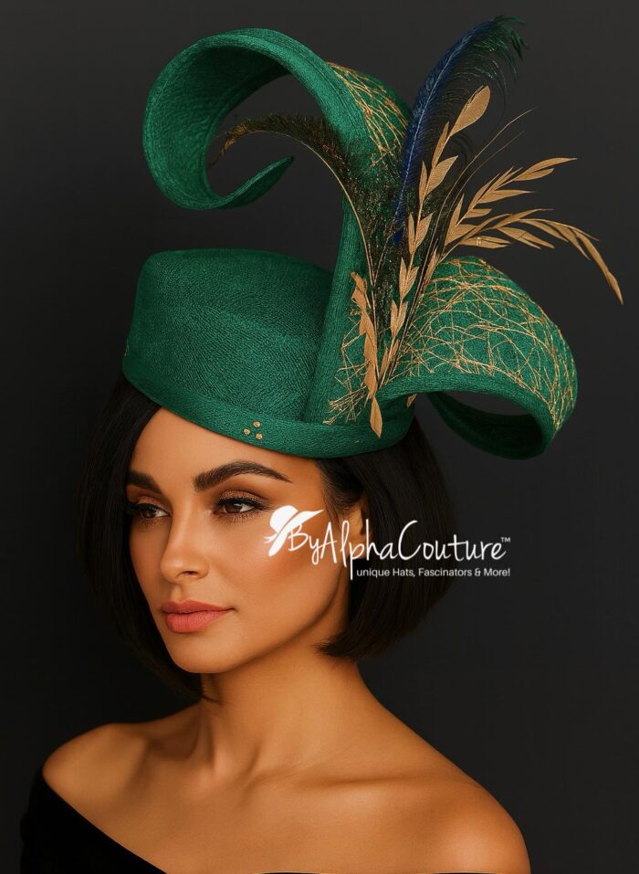 il_fullxfull.7270533302_43lq.jpg Ayoka - Teal Green Pillbox Fascinator: Peacock Feather & Gold Accent - Ascot, Wedding
