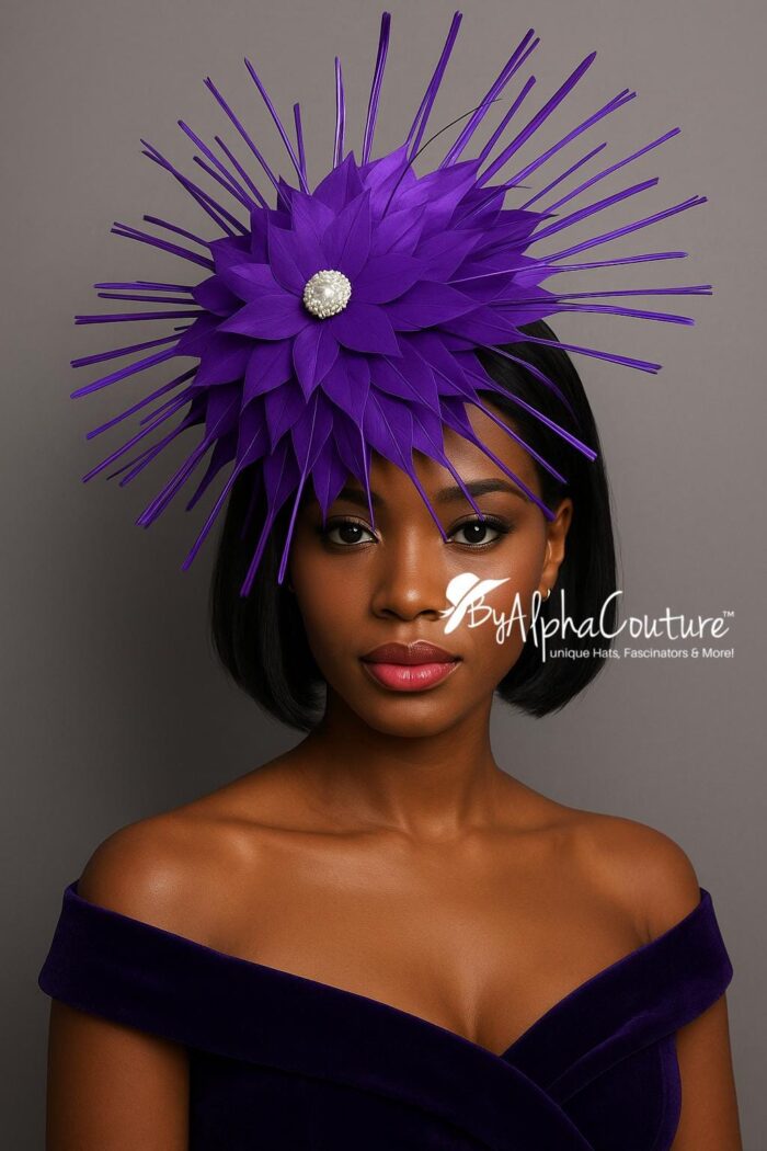 Evelyn - Purple Feather Fascinator: Royal Wedding Percher Hat with Crystal.