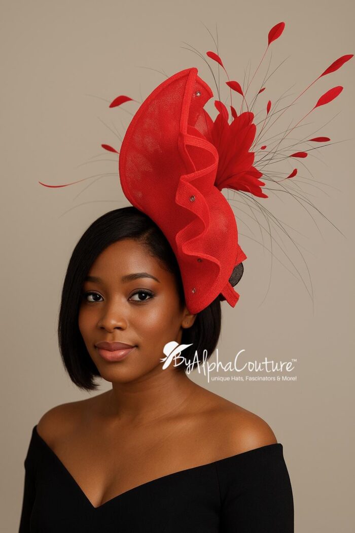 Adinkra Flame Red Sculpted Fascinator: Feathered Statement Hat for Weddings