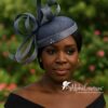 Celestine - Blue Sinamay Fascinator: Sculpted Swirls, Crystal Brooch - Derby Hat
