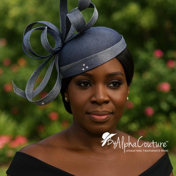 Celestine - Blue Sinamay Fascinator: Sculpted Swirls, Crystal Brooch - Derby Hat