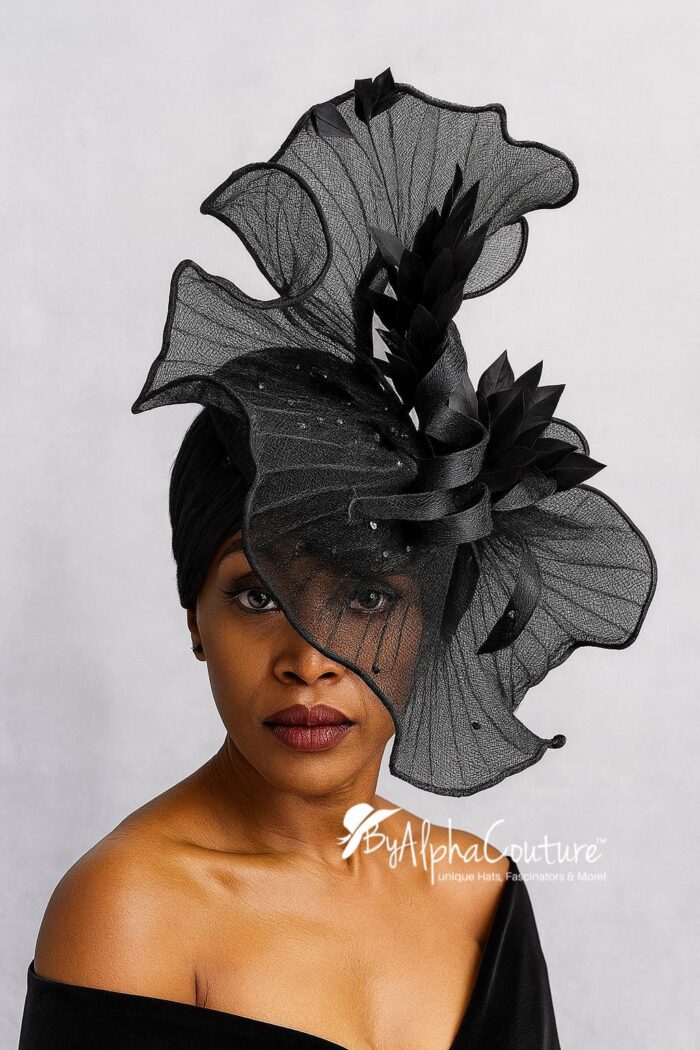 Midnight Whisper Black Crinoline Fascinator: Lace & Swarovski Crystal Couture Headpiece
