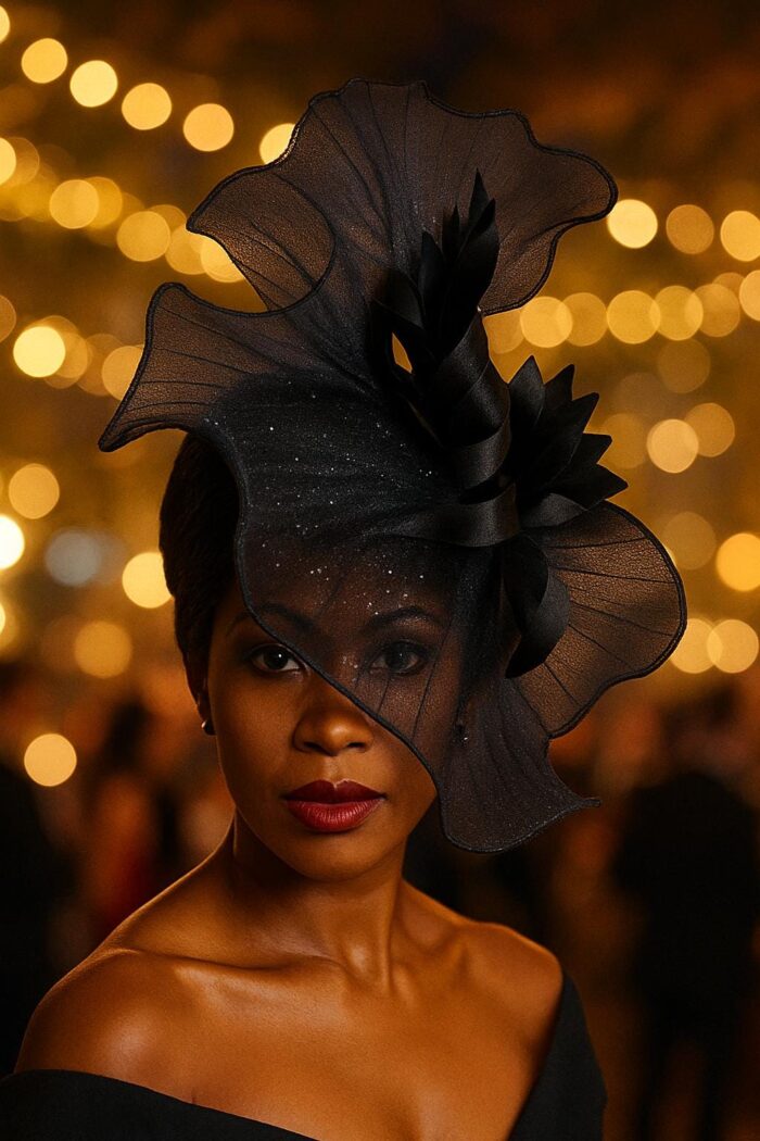 Midnight Whisper Black Crinoline Fascinator: Lace & Swarovski Crystal Couture Headpiece