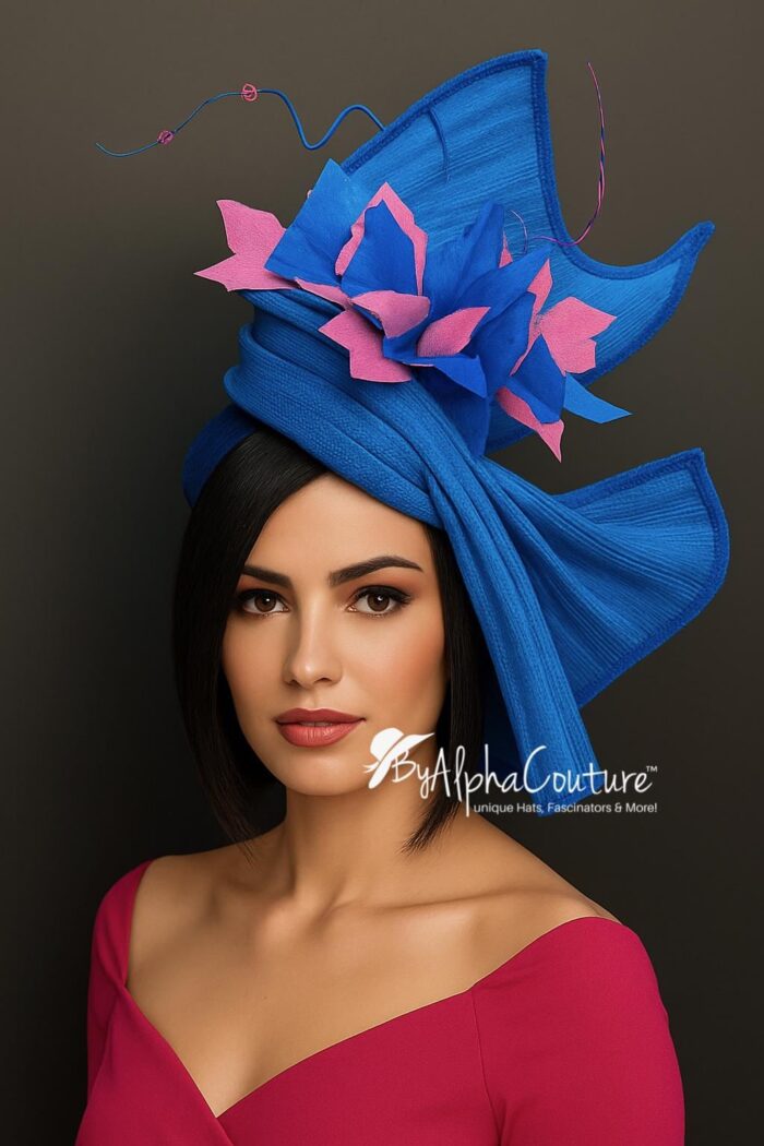 Sculptural Abaca Silk Fascinator: UK Blue & Fuchsia Statement Hat - Cassie