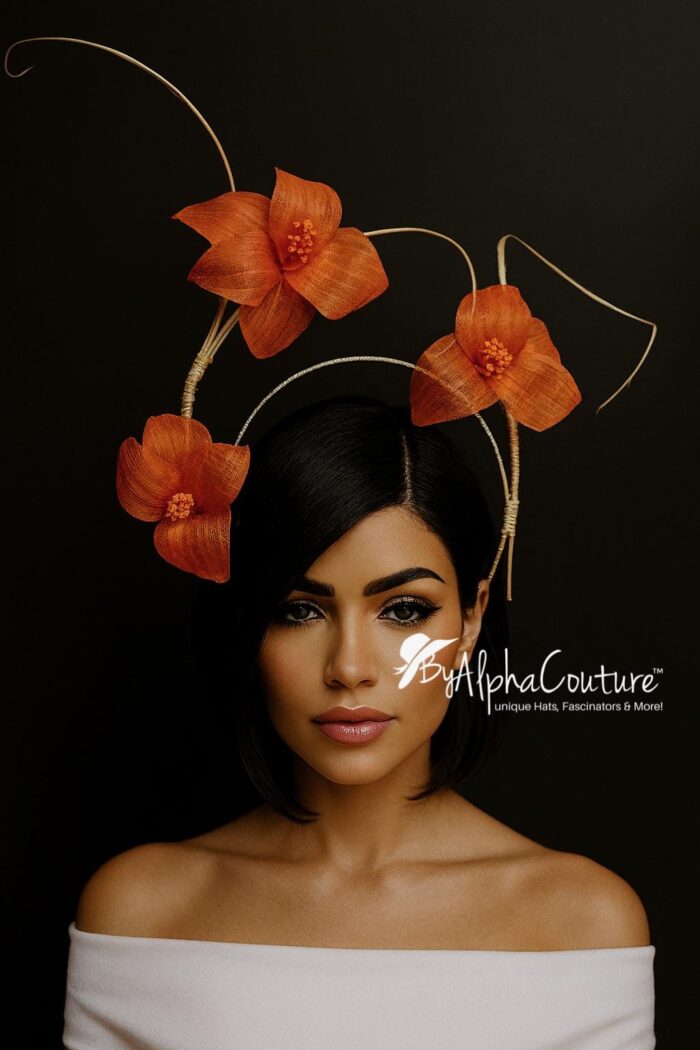 Lorraine - Orange Abaca Silk Fascinator: Kentucky Derby Headpiece