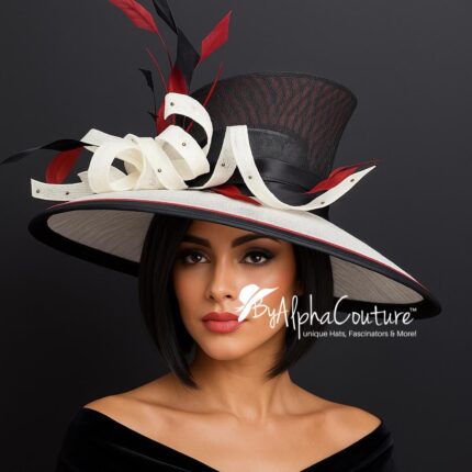 The Sovereign - Couture Double Crown Hat: Black, White Sinamay, Crystal & Feather Accents.