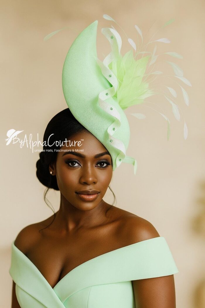 Adinkra Flame Mint. Green Feather Fascinator. Pearl & Crystal Derby Hat