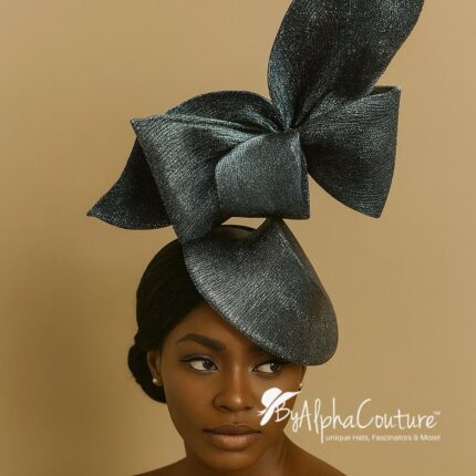 Davina - Navy & Silver Sculptural Bow Fascinator. Couture Sinamay Hat.