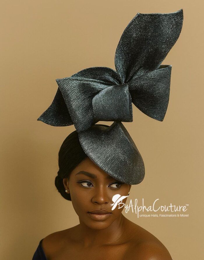 Davina - Navy & Silver Sculptural Bow Fascinator. Couture Sinamay Hat.