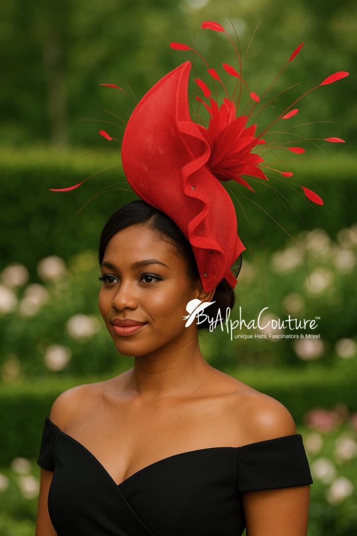 Adinkra Flame Red Sculpted Fascinator: Feathered Statement Hat for Weddings