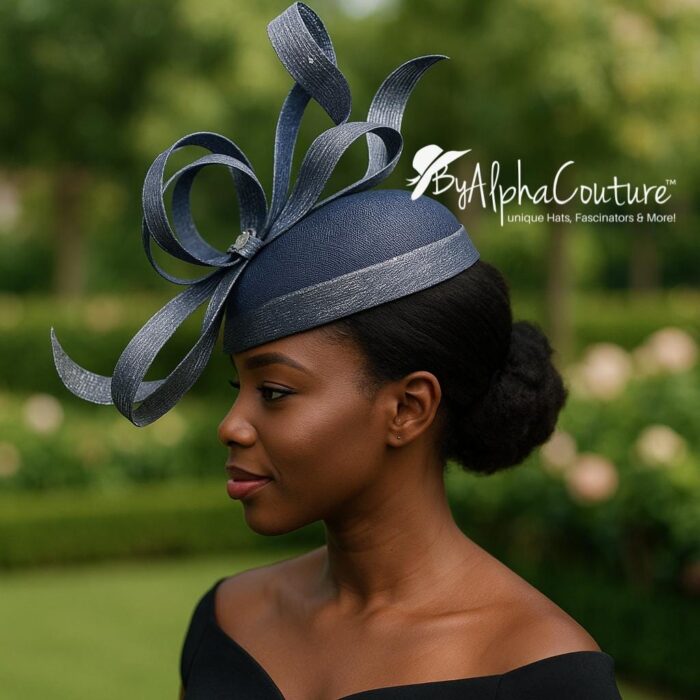Celestine - Blue Sinamay Fascinator: Sculpted Swirls, Crystal Brooch - Derby Hat