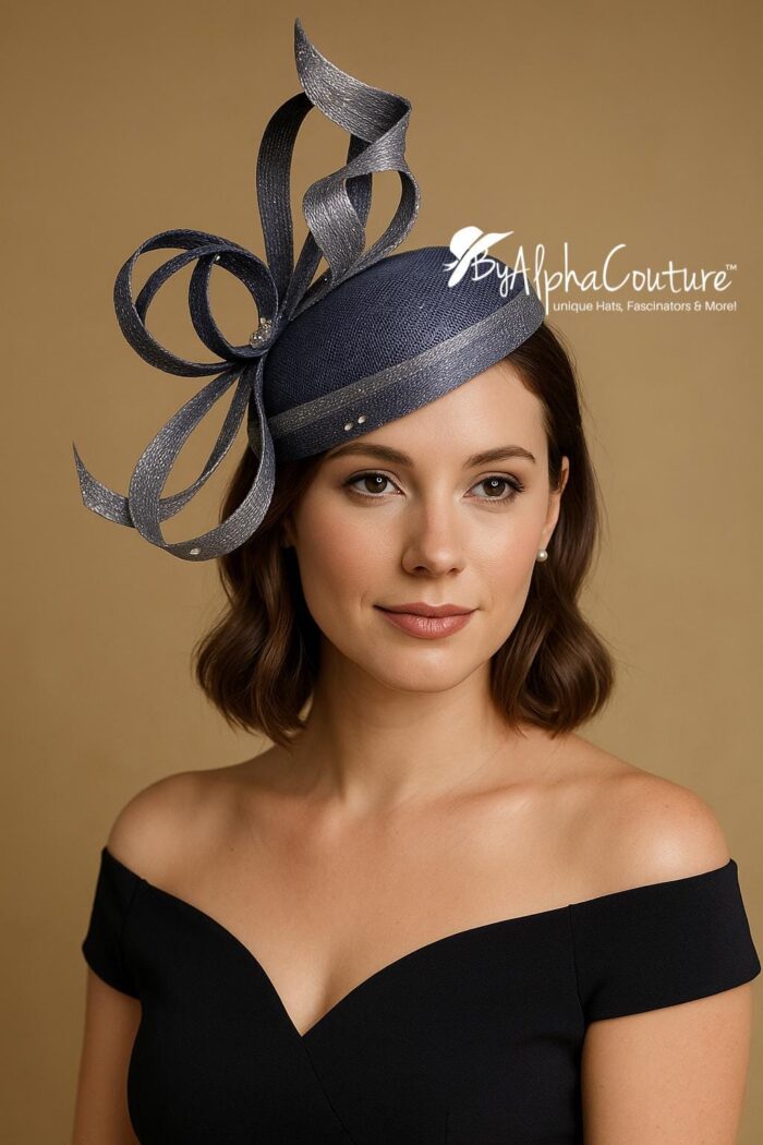 Celestine - Blue Sinamay Fascinator: Sculpted Swirls, Crystal Brooch - Derby Hat
