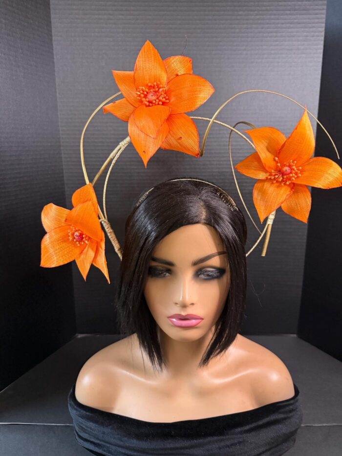 Lorraine - Orange Abaca Silk Fascinator: Kentucky Derby Headpiece
