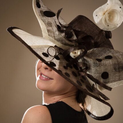 Handmade Cream & Brown Sinamay Occasion Hat, Polka Dot Bow